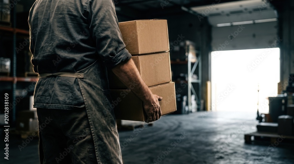 Fototapeta premium Man carrying stacked cardboard boxes in a warehouse, representing logistics and delivery services