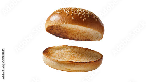 Canvastavla Golden brown sesame seed burger buns toasted inside, isolated on transparent bac