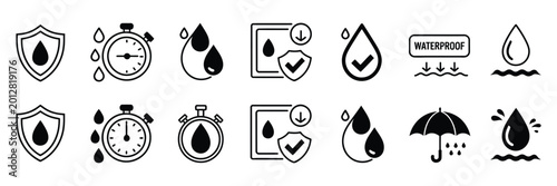 Bild auf Leinwand Waterproof icon set containing water resistant protection hydrophobic fabric and waterproof material symbols vector illustration concept design