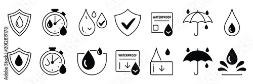 Foto Waterproof icon set containing water resistant protection hydrophobic fabric and waterproof material symbols vector illustration concept design