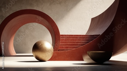 Abstract Composition of Geometric Shapes with Stairs and Spheres Highlighting Modern Architectural Design in Warm Tones and Textures