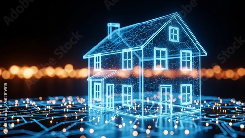 Futuristic Digital House Blueprint Illustration Showing Modern Smart Home Technology and Connectivity for Innovative Real Estate Concepts