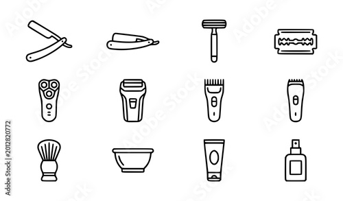 Shaving razor icon set featuring manual razors electric shavers grooming tools barber equipment hair removal blades and men personal care symbols