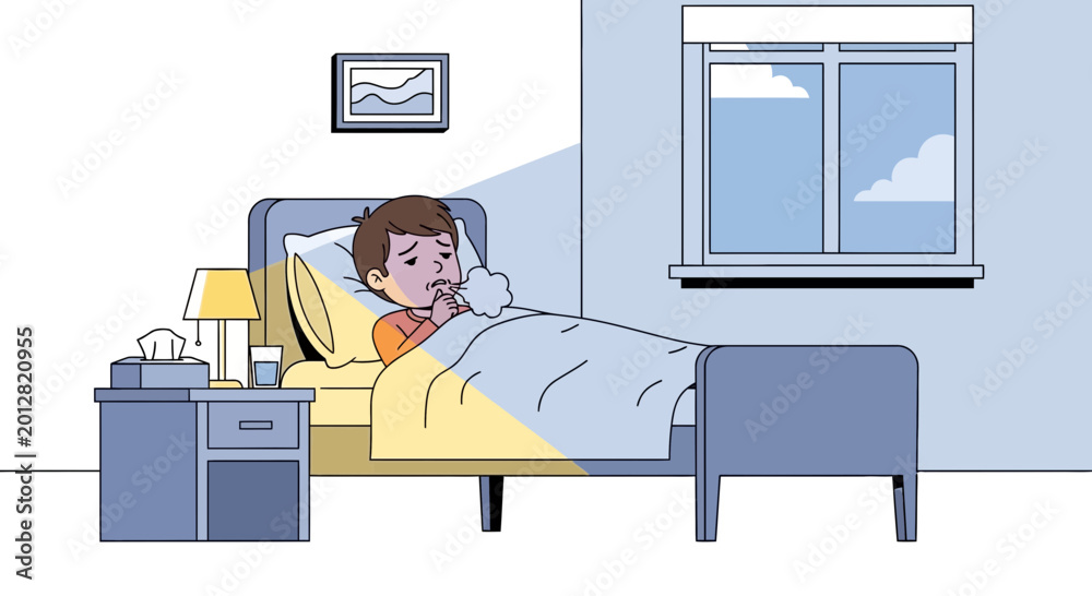 Fototapeta premium A Sick Child with A Cold Lying in Bed Alone at Night Suffering with Cough