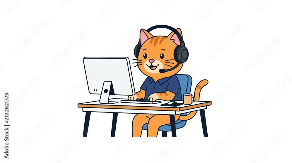 Fototapeta premium Cartoon cat wearing headset and working on a computer at a desk