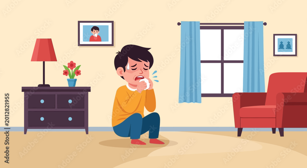 Fototapeta premium A Sick Person Blowing Their Nose In A Living Room Feeling Unwell With A Cold Or Flu