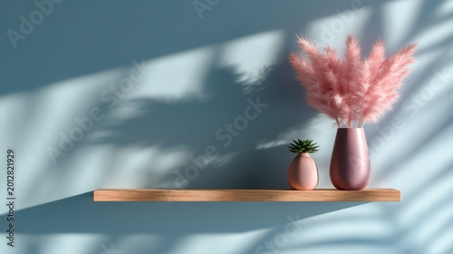Pink pampas grass in a ceramic vase and a small succulent plant placed on a wooden floating shelf against a light blue wall with natural sunlight and shadows