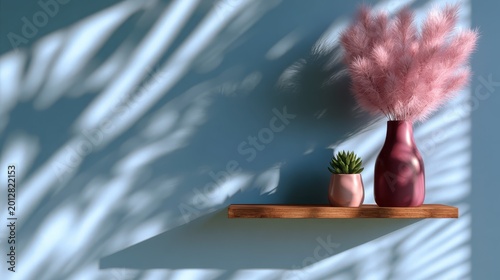 Pink pampas grass in a ceramic vase and a small succulent plant sitting on a wooden shelf against a blue wall with dramatic leaf shadows cast by bright sunlight