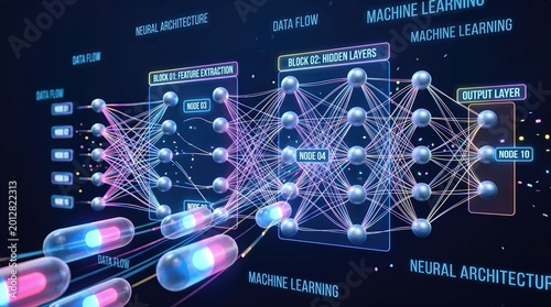 Neural network architecture: Feature extraction, hidden layers, data flow