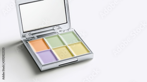Open makeup palette with six colorful cream concealer pans for skin tone correction arranged in a rectangular plastic case against a clean white studio background