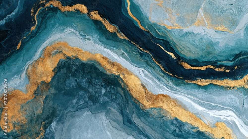Obraz premium Dynamic abstract composition of deep blue and turquoise hues interwoven with sparkling gold veins