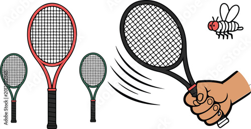 Tableau sur toile Electronic fly swatter racket vector set featuring hand holding bug zapper with cartoon flies isolated on white background for cleaning