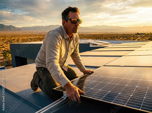 Solar panel installer surveying desert energy array at sunrise