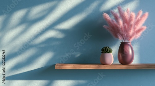 Pink pampas grass in a dark vase and a small succulent in a light pink pot sitting on a wooden shelf against a blue wall with dramatic sunlight shadows cast across the surface