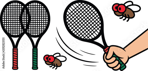 Fotografía Electronic fly swatter racket vector set featuring hand holding bug zapper with cartoon flies isolated on white background for cleaning