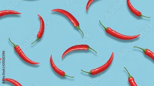 Bright Red Chili Peppers Scattered on Light Blue Background for Cooking Spicy Food and Culinary Ingredient Concept