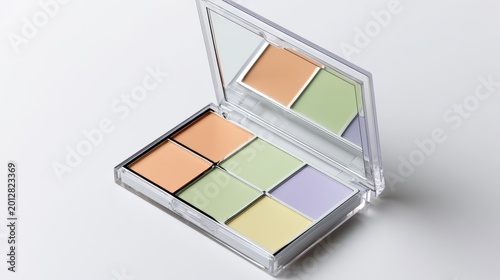 Open makeup palette with six colorful cream concealer shades for skin tone correction and facial contouring in a clear plastic compact case on a white background