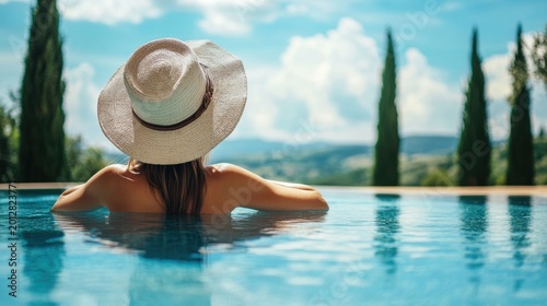Woman relaxing in infinity pool with a scenic countryside view