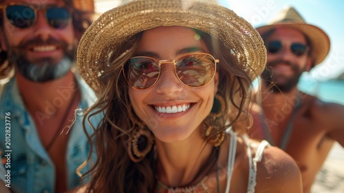 Smiling woman with sunglasses and hat enjoying a beach vacation