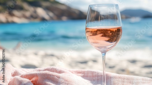 Glass of chilled rosé wine resting on a towel with ocean view