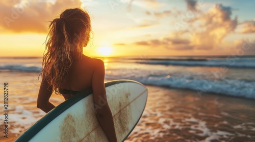 Surfer girl standing by the ocean with her board at sunset