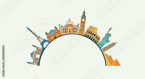 Colorful illustration of famous landmarks around the world