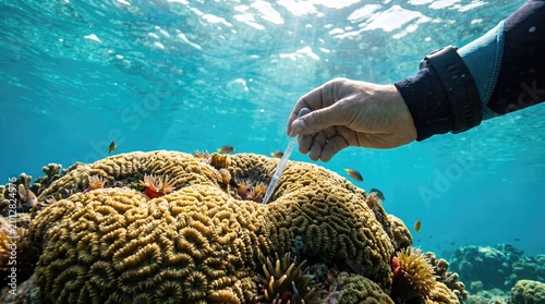 Underwater snorkel hand examining vibrant yellow coral structure