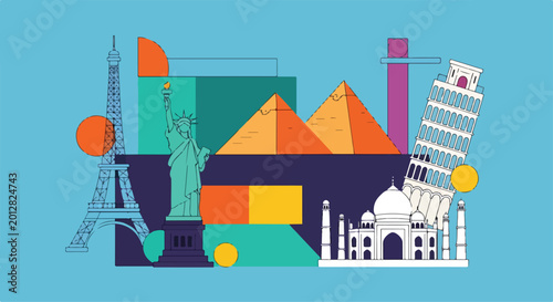 Colorful illustration of famous landmarks