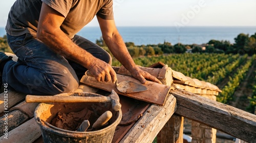 Farmer working with tools overlooking cultivated valley and sea