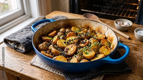 Crispy roasted golden baby potatoes heavily seasoned with garlic and fresh thyme sprigs rest in a bright blue enameled cast iron baking dish.