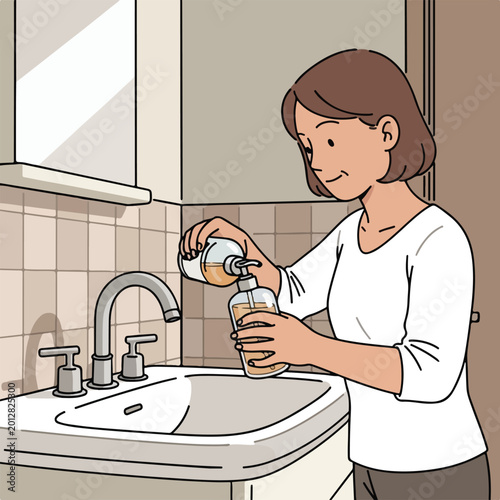 Smiling woman in a bathroom refilling a liquid soap dispenser from a bottle over a sink