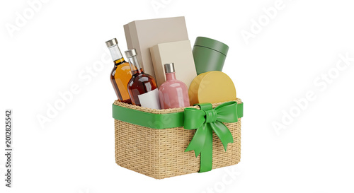 Gift Basket with Bottles, Boxes, and Round Container