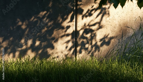 Tree leaf shadows cast on a textured concrete wall surface with green grass in the foreground during the golden hour sunlight in a peaceful outdoor garden setting