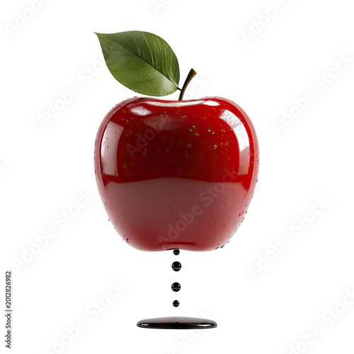 Red Apple with Dripping Juice and Leaf