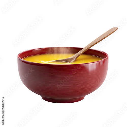 Steaming Bowl of Yellow Soup with Wooden Spoon