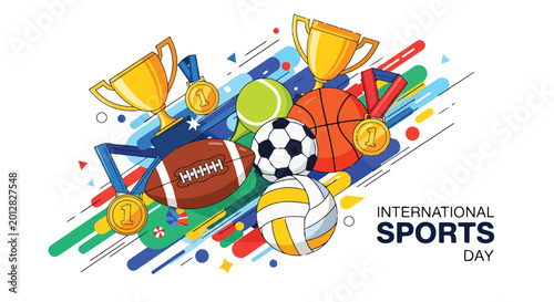 Colorful illustration of sports equipment and medals