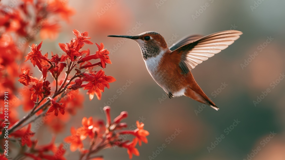 Fototapeta premium Graceful Hummingbird with Iridescent Feathers Approaching Bright Scarlet Blooms for Nectar