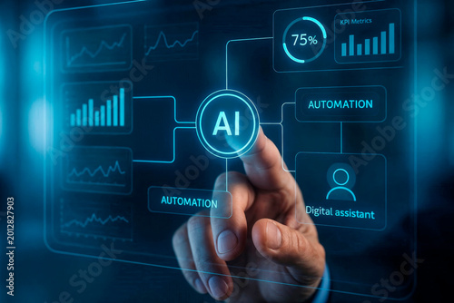 Hand Touching Central AI Icon on Digital Automation Control Panel Dashboard