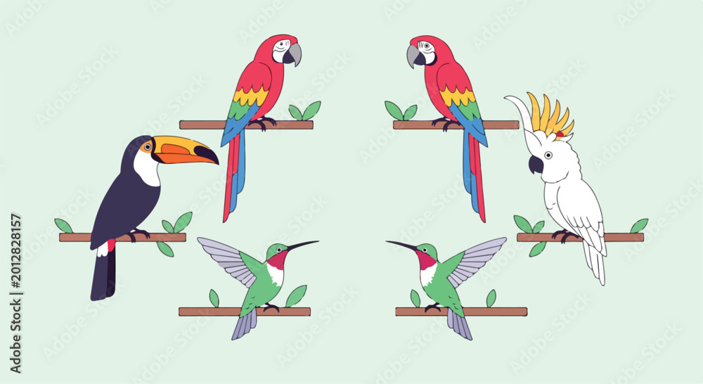 Fototapeta premium Colorful illustration of various birds on branches