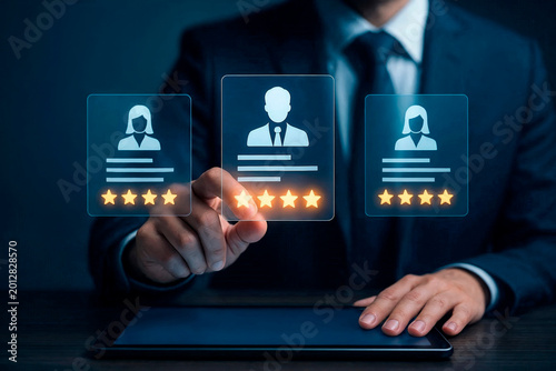 Professional Using Tablet to Review Employee Profiles with Rating Stars Overlay