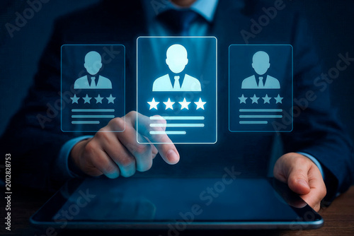 Professional Using Tablet to Review Employee Profiles with Rating Stars Overlay