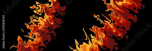 Fotografie Intense horizontal band of dynamic orange and yellow flames burning across the black background