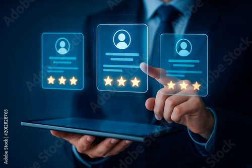 Professional Using Tablet to Review Employee Profiles with Rating Stars Overlay