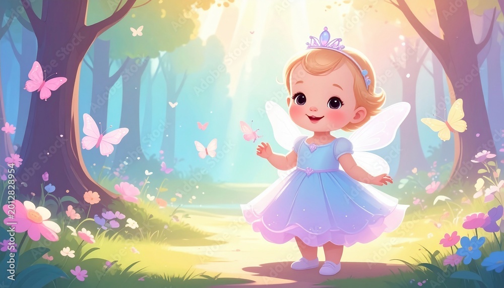 Fototapeta premium Baby princess in fairy dress standing in forest around butterfly