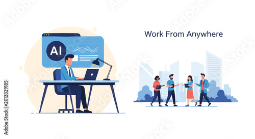 Tableau sur toile Work From Anywhere and AI Technology Illustration: Professional Man Working with