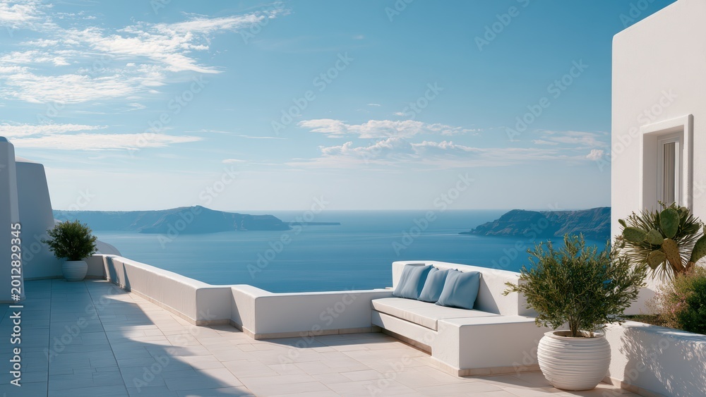 Obraz premium Tranquil Mediterranean terrace with white architecture, cozy seating, and breathtaking ocean views on a sunny day