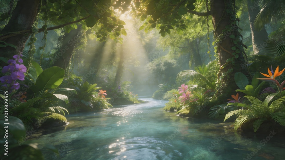 Fototapeta premium Sunlit jungle stream with vibrant flora