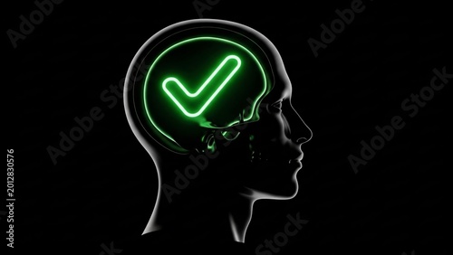 Futuristic Neon Green Checkmark Inside Human Head Silhouette Representing Mental Clarity and Cognitive Confidence in Modern Technology Concept