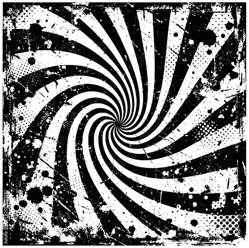 High-contrast black and white psychedelic swirl background featuring distorted optical illusion stripes, grunge splatter and halftone dots for retro, vintage1