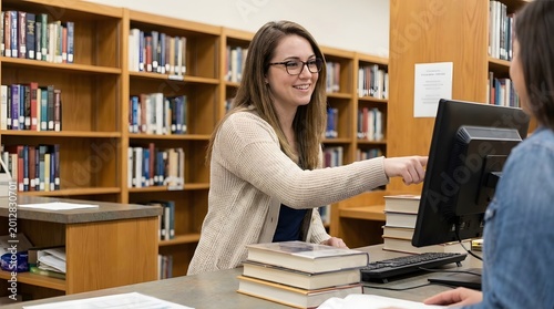 Friendly Library Assistant Helping Patron at Checkout Desk